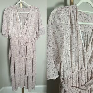 Light Pink Floral Tierd V neck Dress